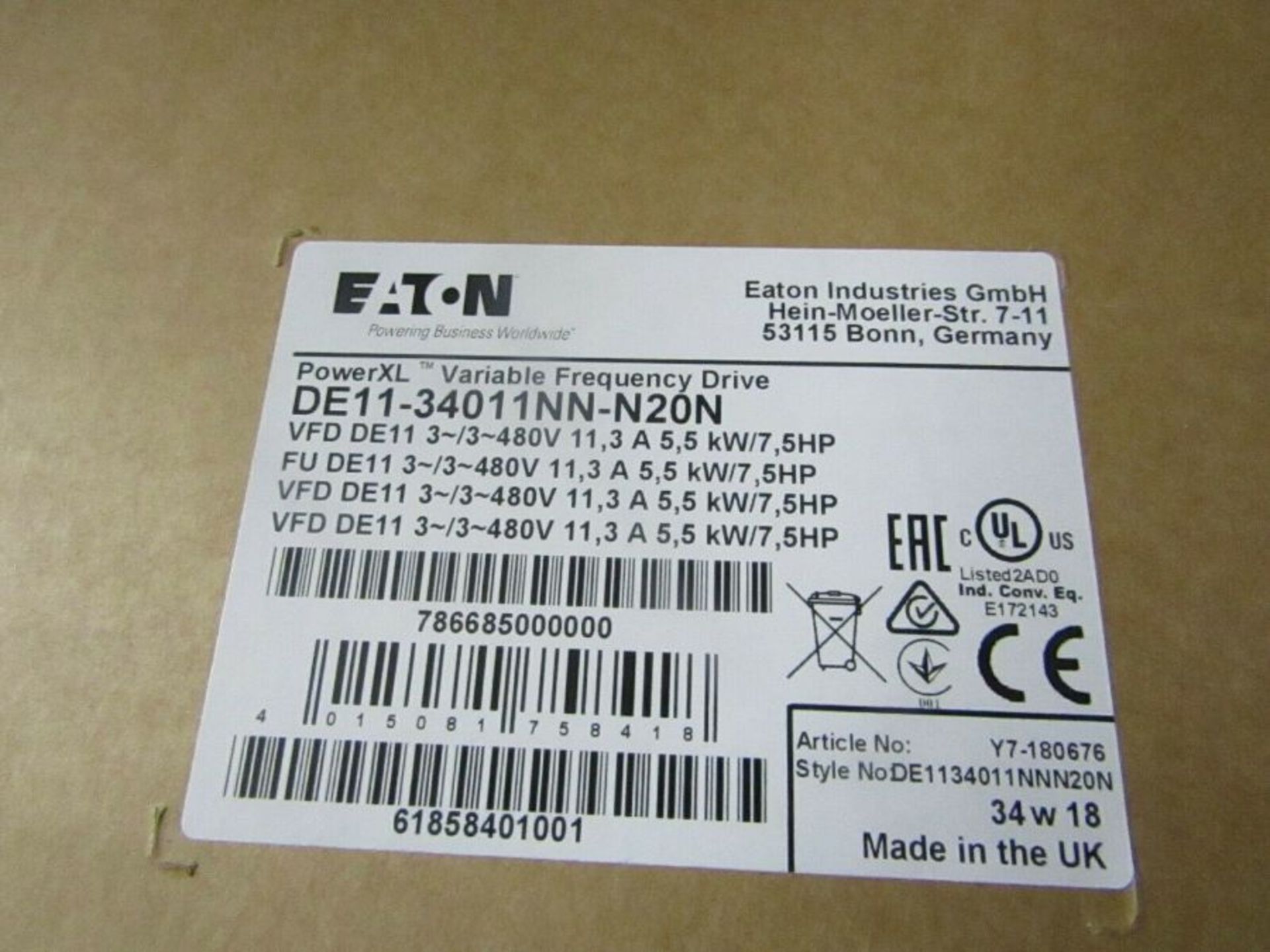 Eaton Variable Speed Starter 3-Phase In 60Hz Out 5.5kW 480Vac 11.3A DE11 1675081 - Image 2 of 2