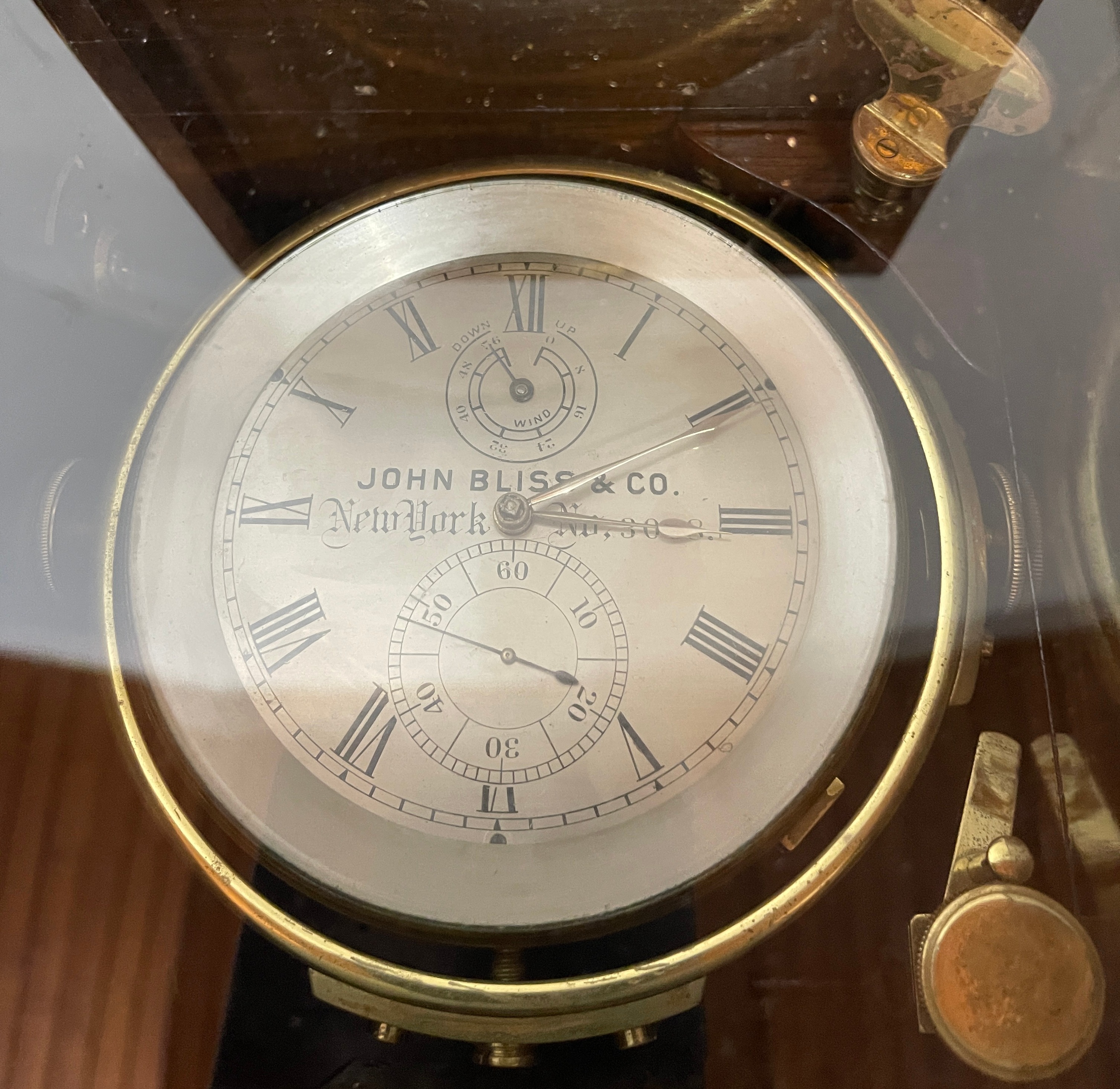 John Bliss&Co New York Cased Ships Chronometer - working order. The case measures 18.4cm x 18.4cm