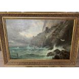 J A Oswald 1813? Oil Painting of Fast Castle "The Wolf Crag" - canvas showing 31 1/2" x 20 1/2"
