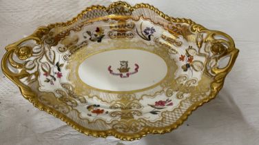 Chamberlain&Worcester Armorial Dish 30cm x 21cm x 5cm with old staple repairs.