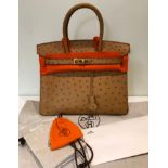 Hermes Birkin Ostrich and Goatskin Handbag - with paperwork.- 30cm wide x 35cm high - 15cm deep