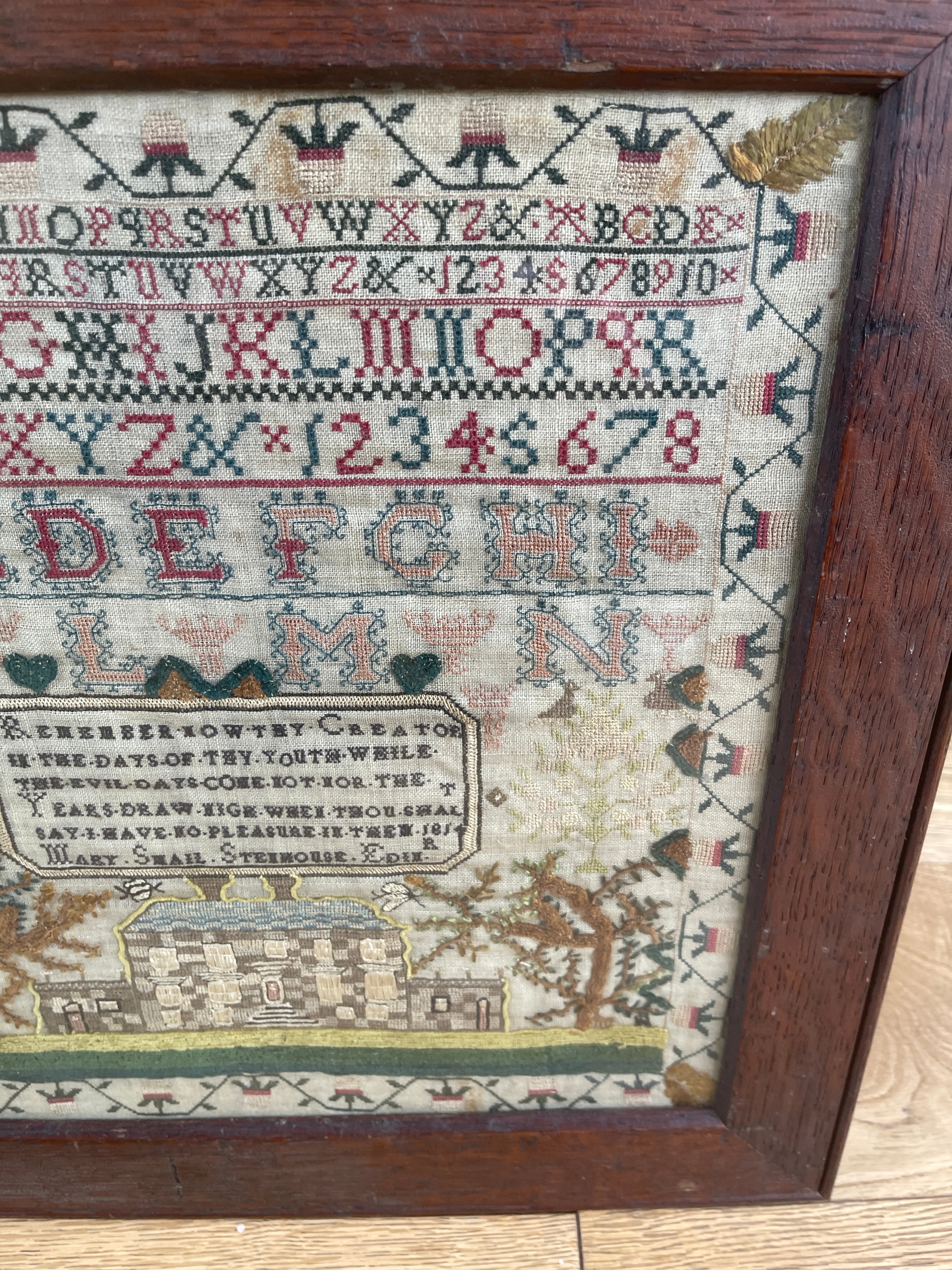 Antique Mary Swail Stenhouse Edinburgh 1814 Framed Sampler 12 3/4" x 12" - Image 2 of 7