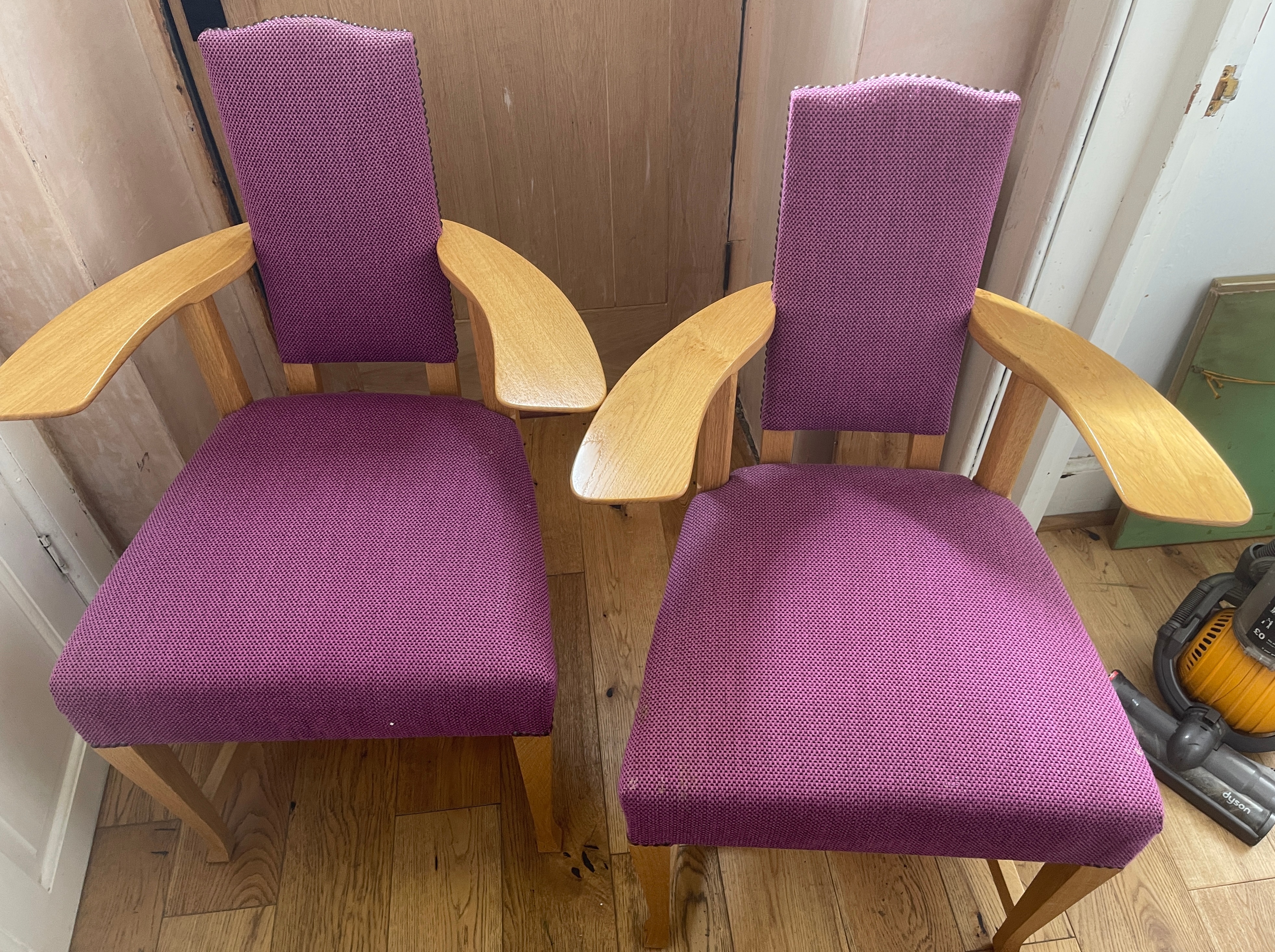 Gavin Robertson Bespoke Furniture Maker Pair of Arts Crafts Style Chairs in Oak - 37" tall seat 21"