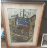 F Murray Vintage Framed Watercolour of Buckie Boat etc in Shipyard - frame 28" X 20 1/2"