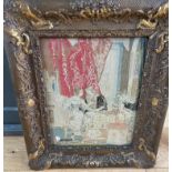 Antique Framed Tapestry of Individuals and Dog 11 1/4" x 9"