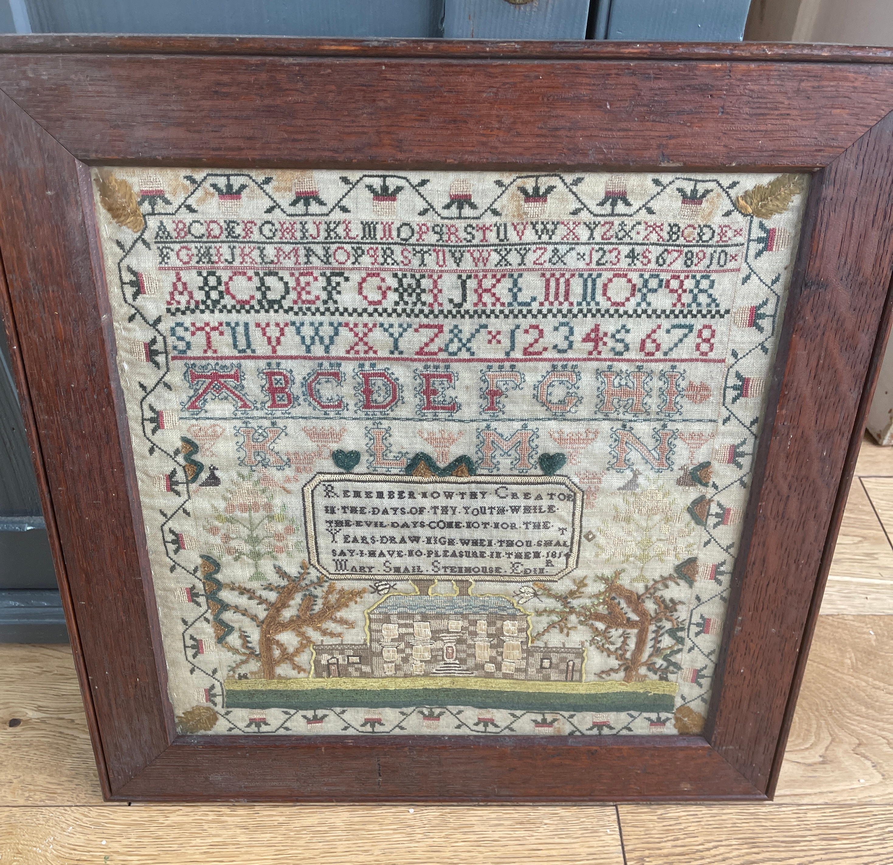 Antique Mary Swail Stenhouse Edinburgh 1814 Framed Sampler 12 3/4" x 12"