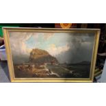 Large Antique Continental Seascape Oil Painting - 47 1/2" x 30 1/4".