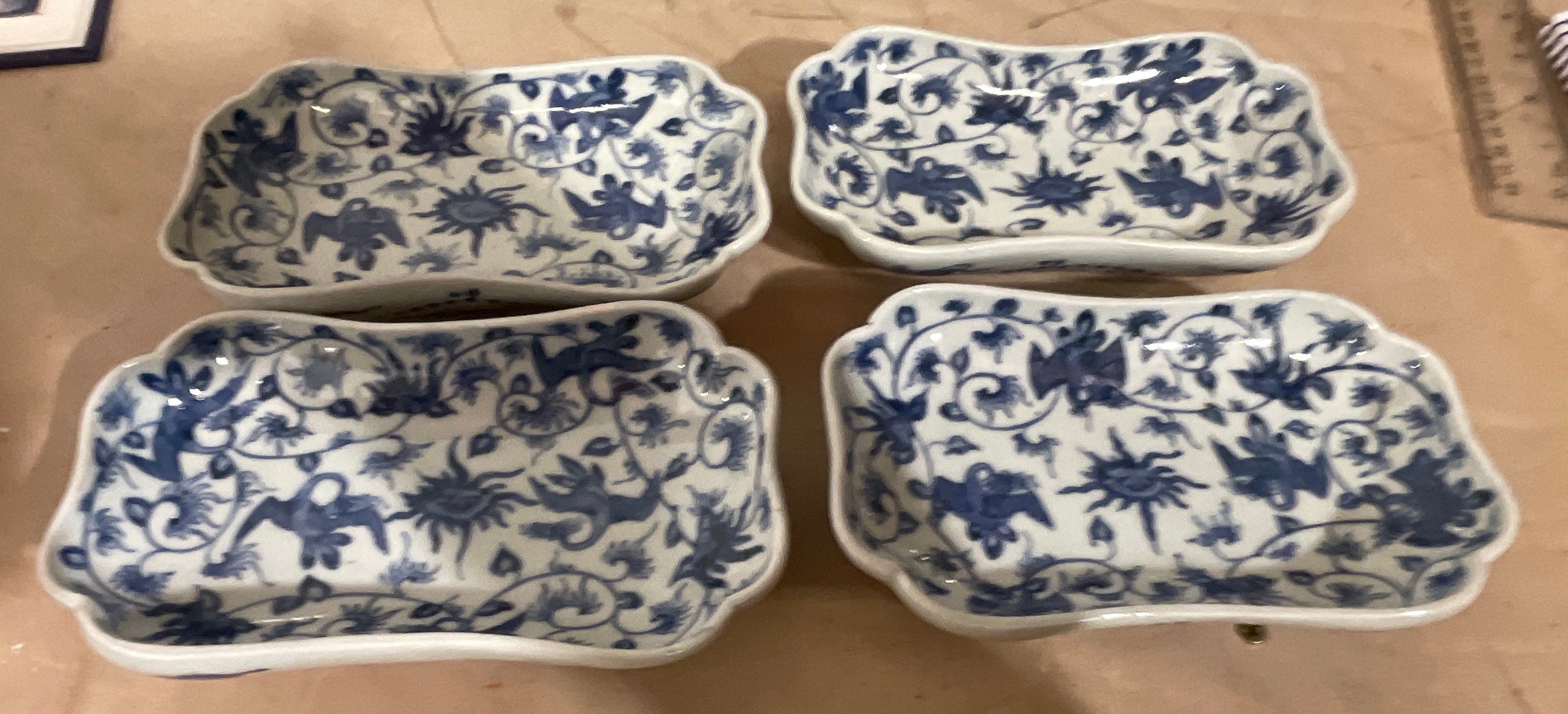 Lot of 4 Blue and White Chinese Oblong Dishes - 120mm x 98mm.