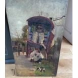 Antique Oil Painting "J Reid 1883" of Gypsy Caravan - 20 1/4" x 12 1/4".