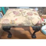 Antique Mahogany Upholstered Ball and Claw Stool - 22 3/4" x 16 3/4" x 19 1/2".