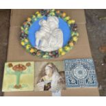 Vintage Italian Plaque plus 3 Antique Tiles.