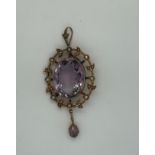 Antique Gold, Amethyst and Seed Pearl Brooch - 60mm x 26mm with central stone of 21mm x 16mm-8.25g.