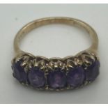Vintage 9ct Gold and 5 Stone Amethyst Ring - UK size K 1/2 - 2.7 grams.