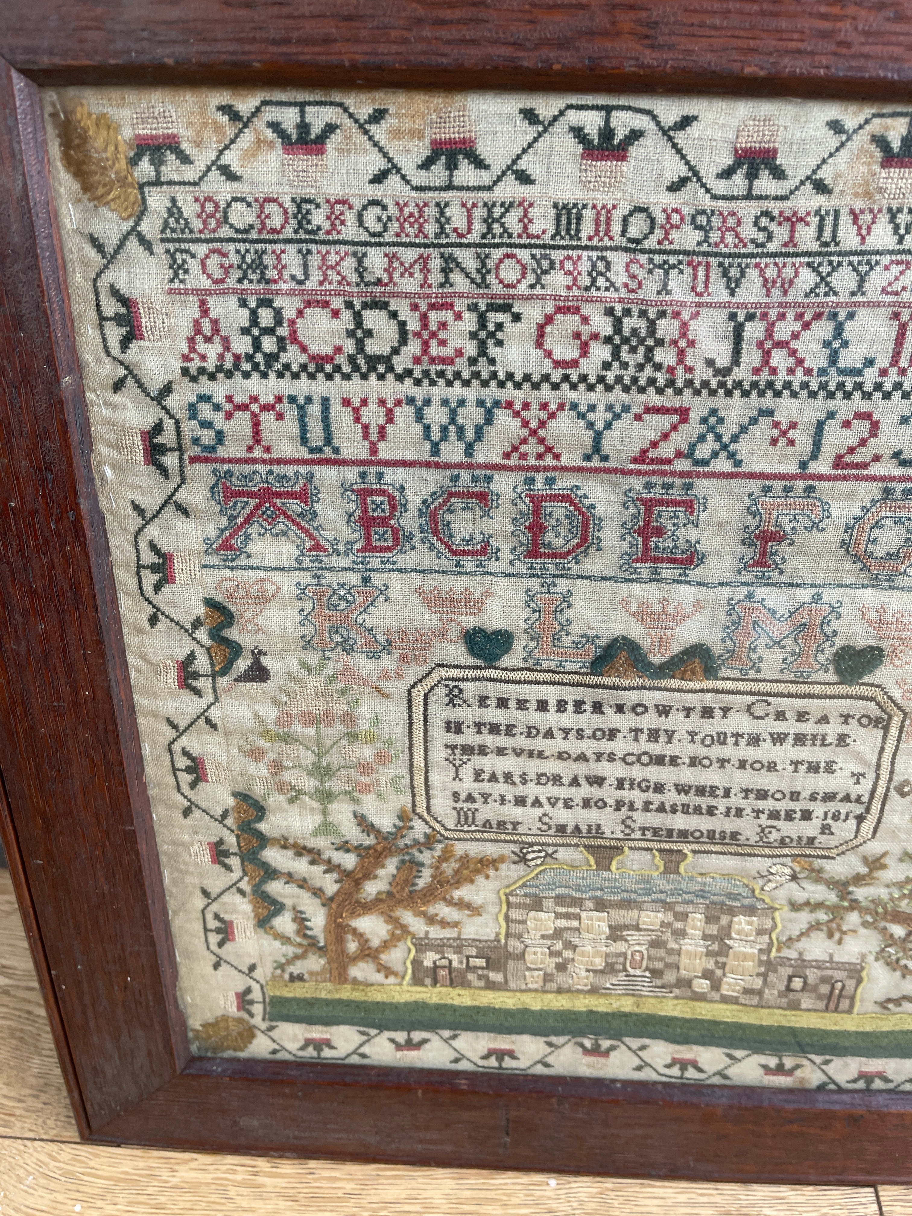 Antique Mary Swail Stenhouse Edinburgh 1814 Framed Sampler 12 3/4" x 12" - Image 3 of 7