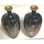 Pair of Antique Japanese signed Cloisonne Vases 150mm tall of Roosters and Chickens.