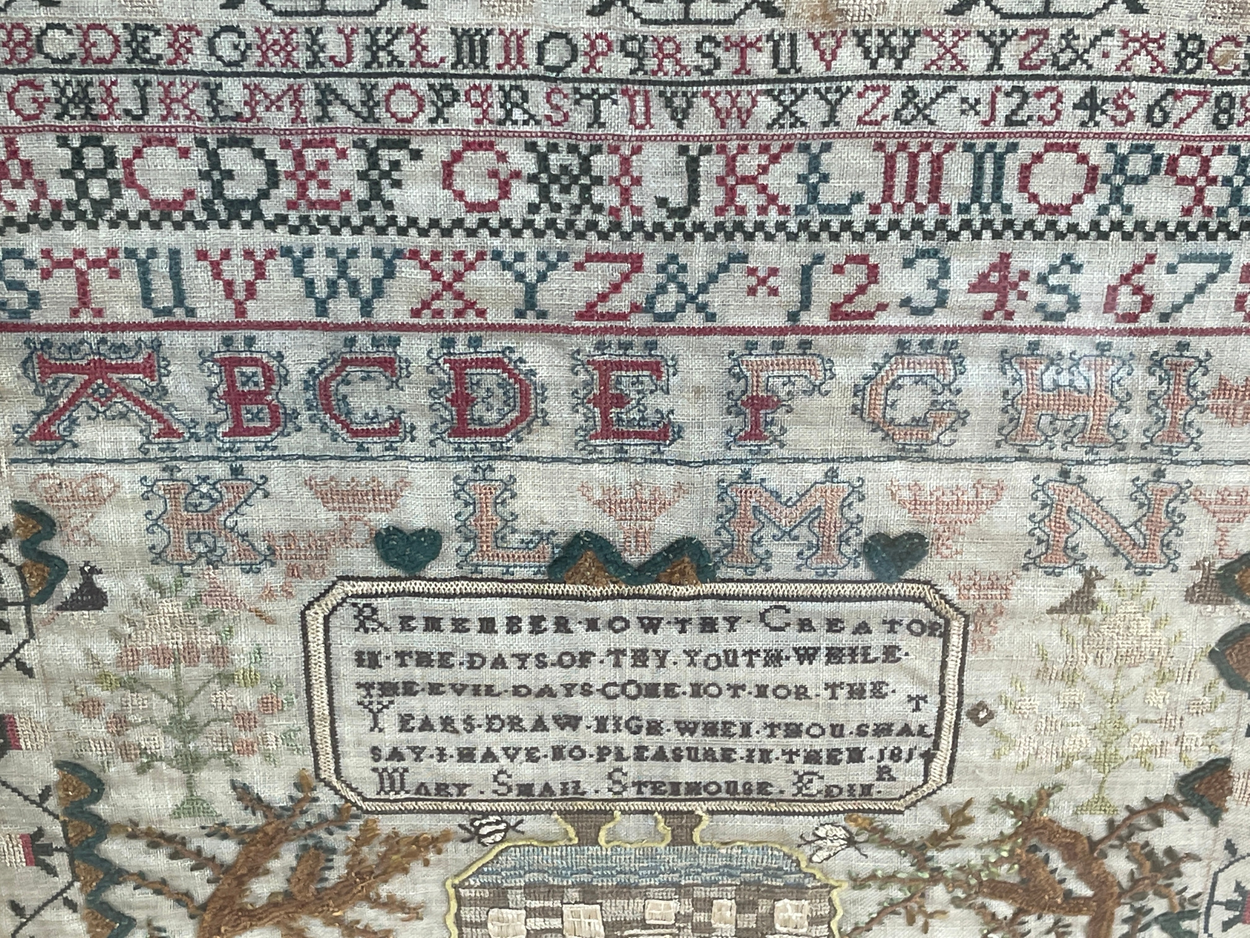 Antique Mary Swail Stenhouse Edinburgh 1814 Framed Sampler 12 3/4" x 12" - Image 7 of 7