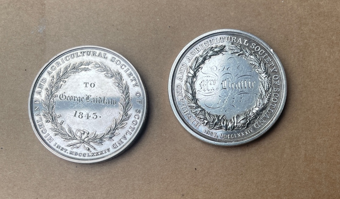 Lot of 2 Agricultural Medals dated 1843 and 1855 - 44mm diameter.