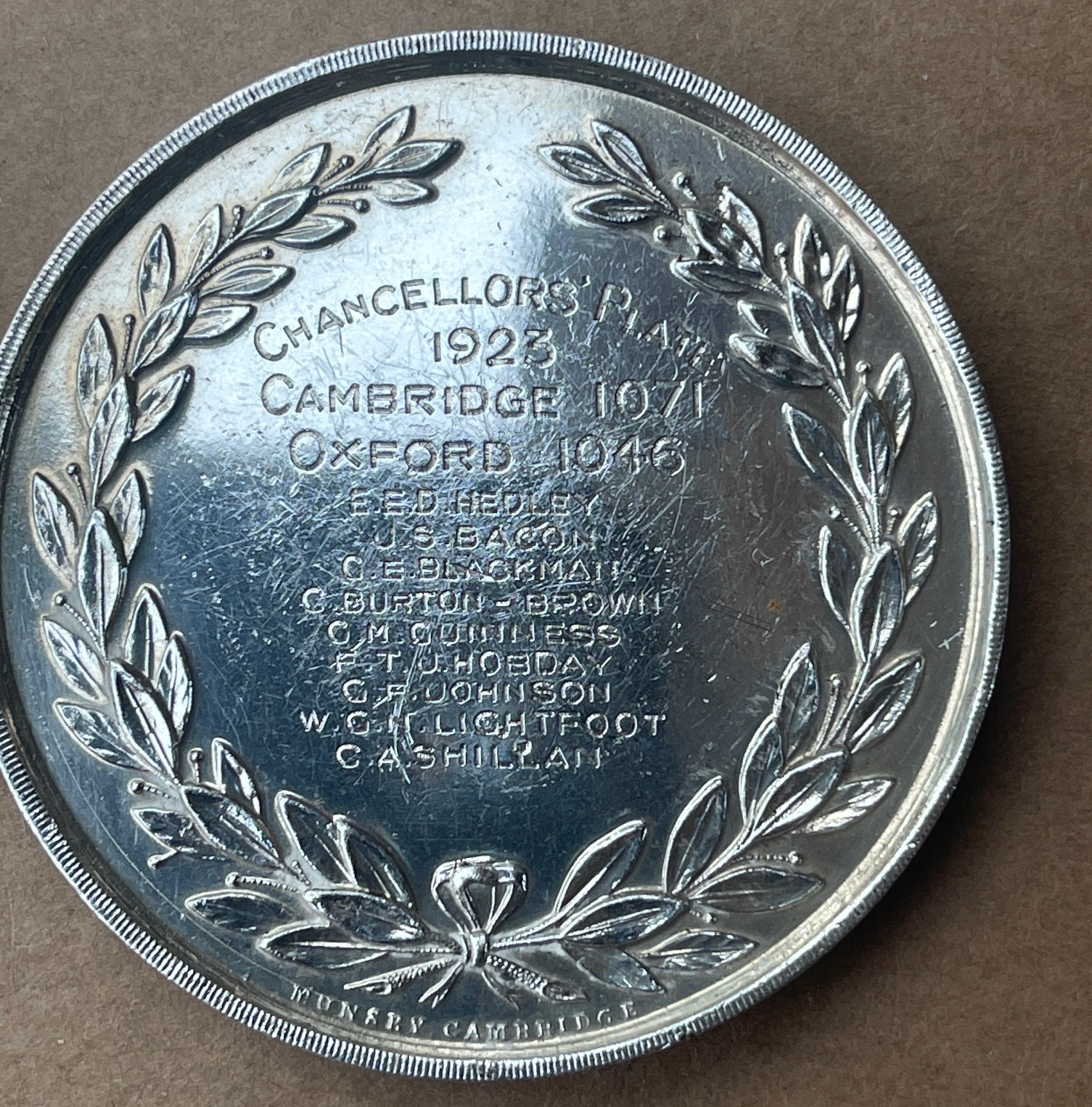 Cambridge University Chancellors Plate 1923 Medal vs Oxford - 50mm diameter.