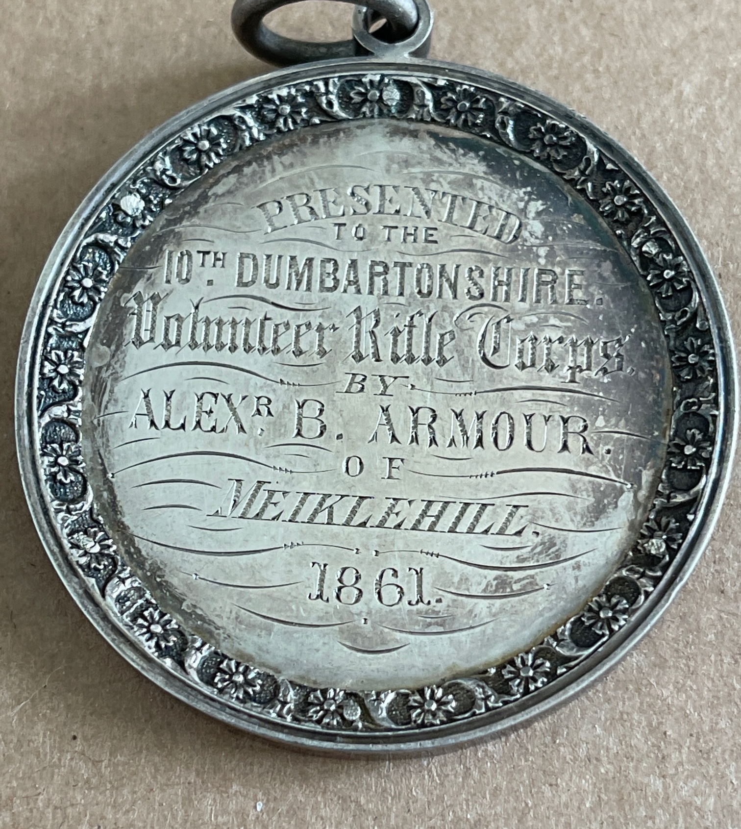 Antique Silver 10th Dunbartonshire Volunteer Rifle Corps Medal awarded to a Colour Sergt Calder 1865