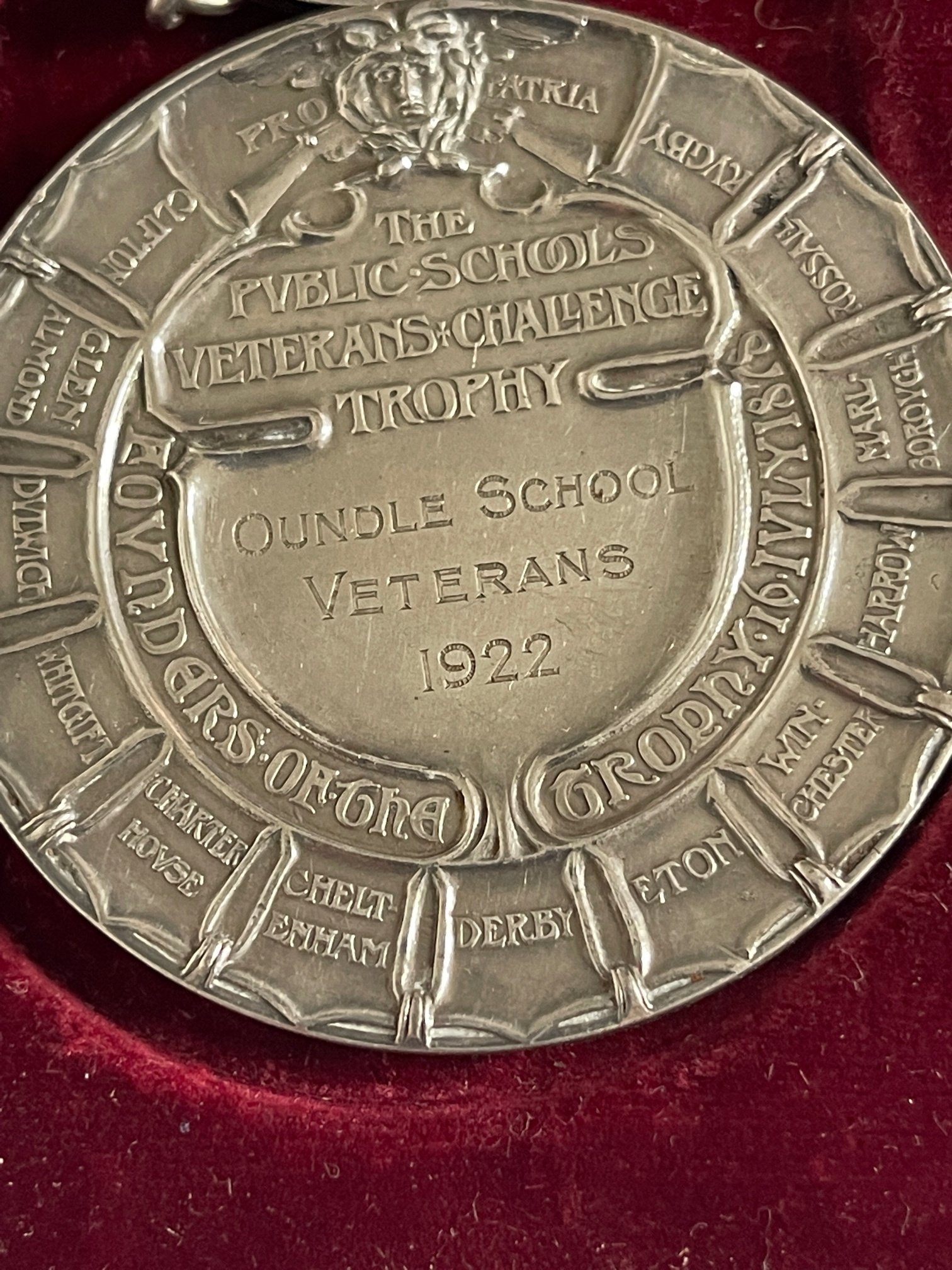 Antique Boxed Silver Public Schools Veterans Challenge Trophy Oundle School Veterans 1922 Medal 60mm - Image 3 of 6
