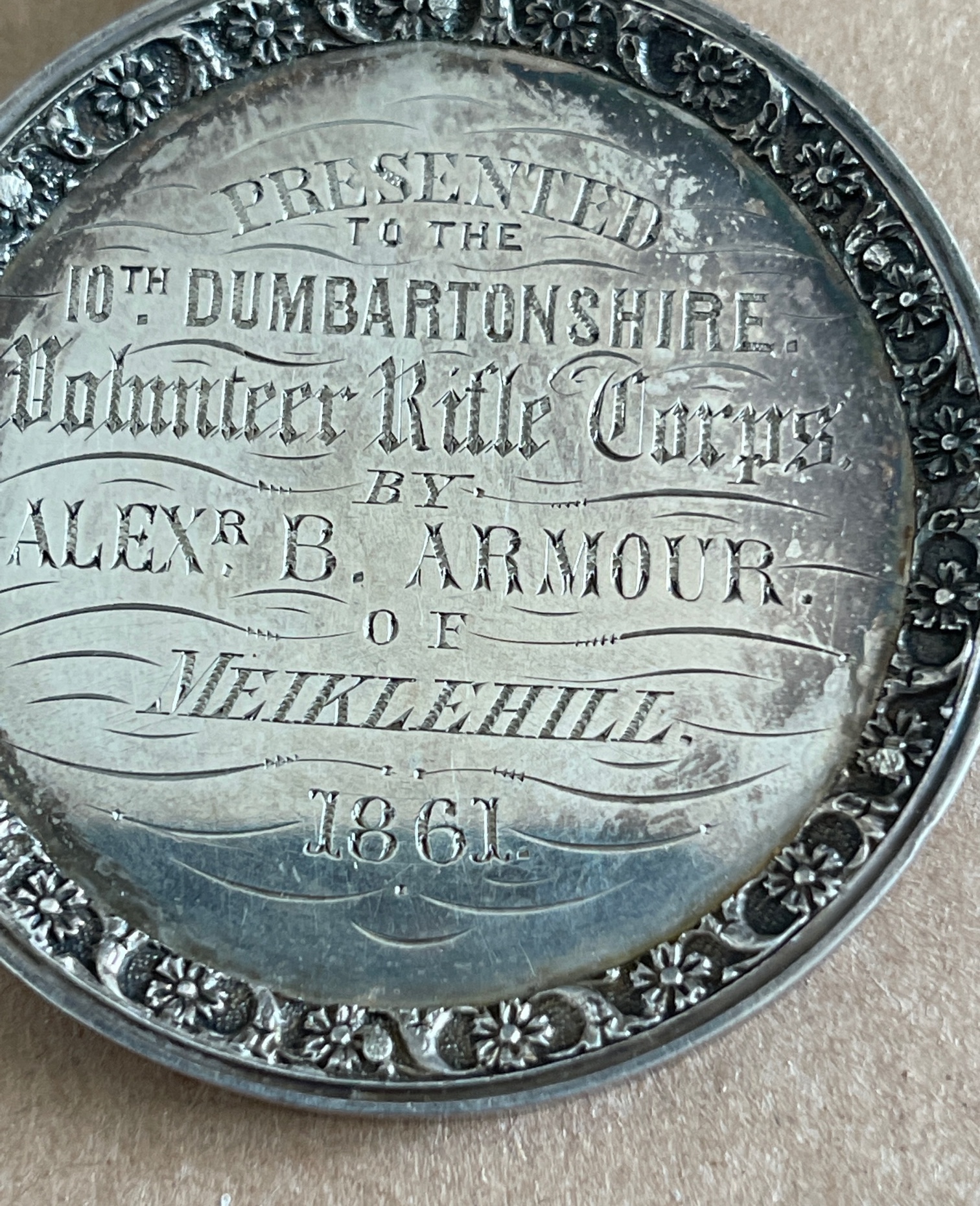 Antique Silver 10th Dunbartonshire Volunteer Rifle Corps Medal awarded to a Colour Sergt Calder 1865 - Image 2 of 4