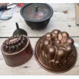 Lot of Antique Copper Jelly Moulds, Copper Pudding Bowl - Funnel.