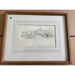 Edward W.Cooke pencil drawing of Lobster Pots on the Beach - actual drawing - 7 3/16"" x 4 1/4""