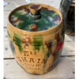 Scottish Pottery Seaton Ware Aberdeen Barrel ""Mrs Thain be cany with the Sugar"" - 10"" tall - 7""