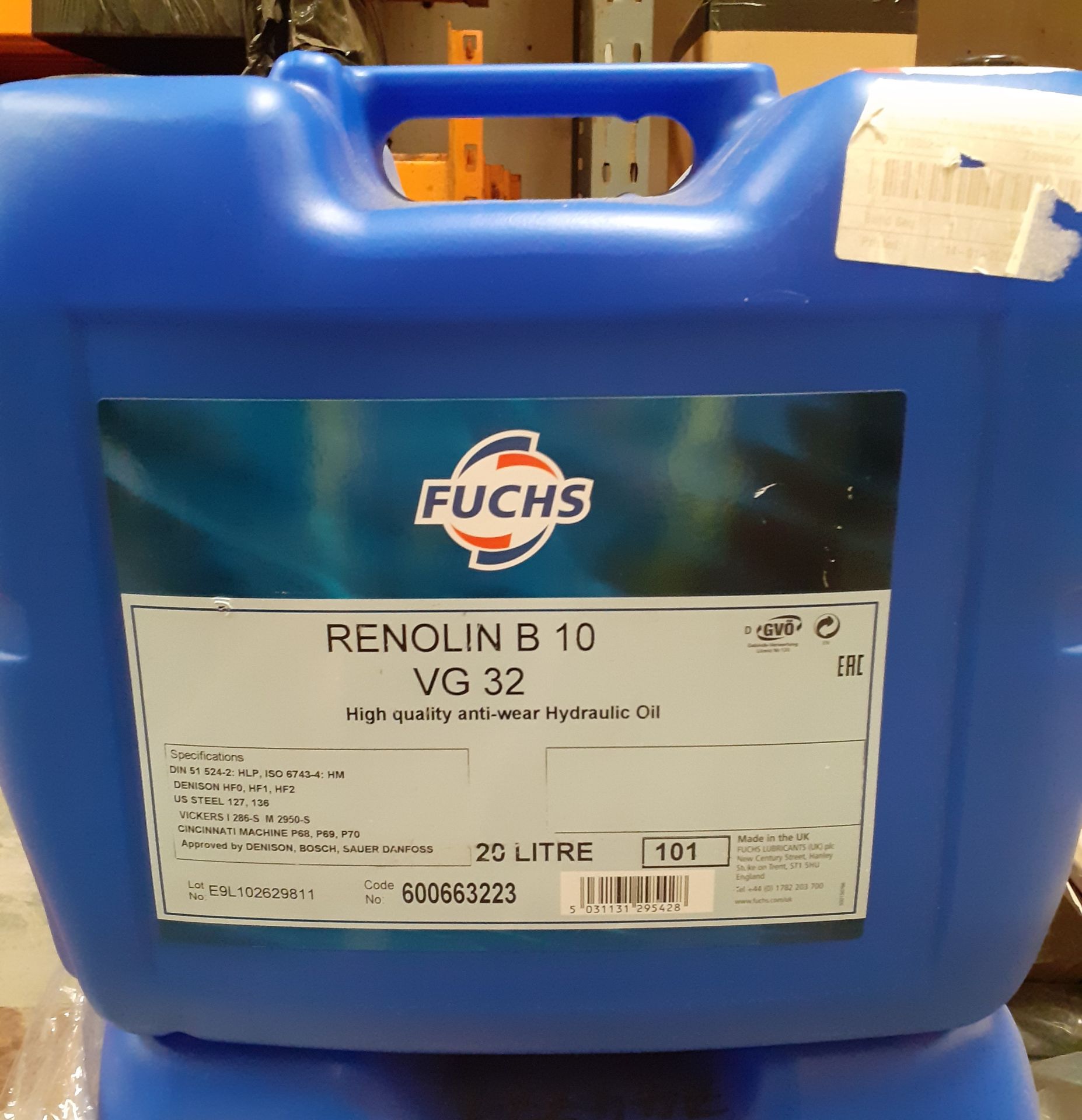 Fuchs Renolin B10 VG32 Anti wear Hydraulic Oil 20L (Man. Date: 2021) (Qnty: 1)