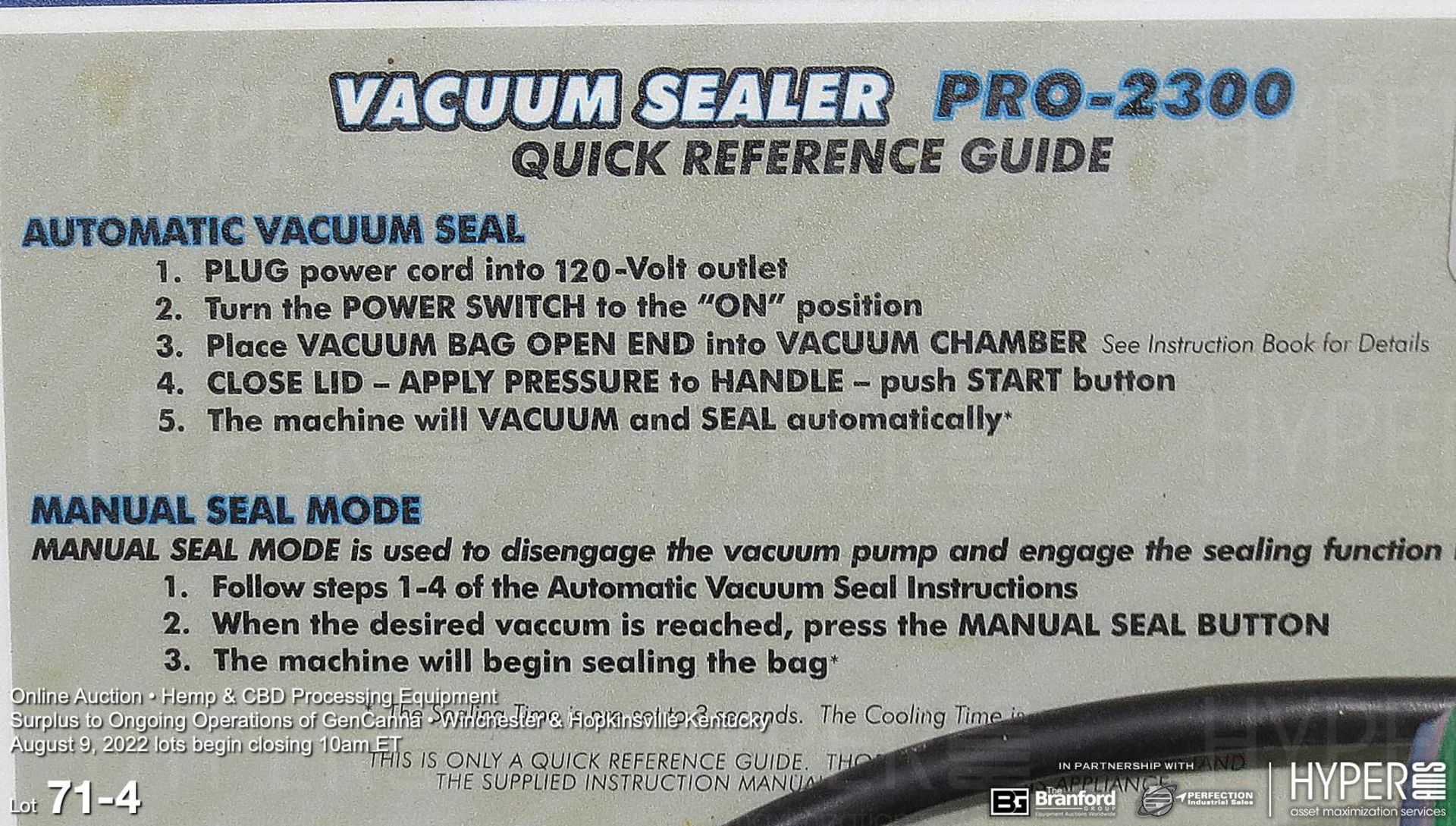 Vacuum Sealer Pro-2300; (3) American Ultraviolet Company CE-10-45L ultraviolet lights - Image 4 of 4