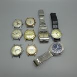 Six wristwatch heads and three wristwatches, Medana, Roamer, Citizen, etc.