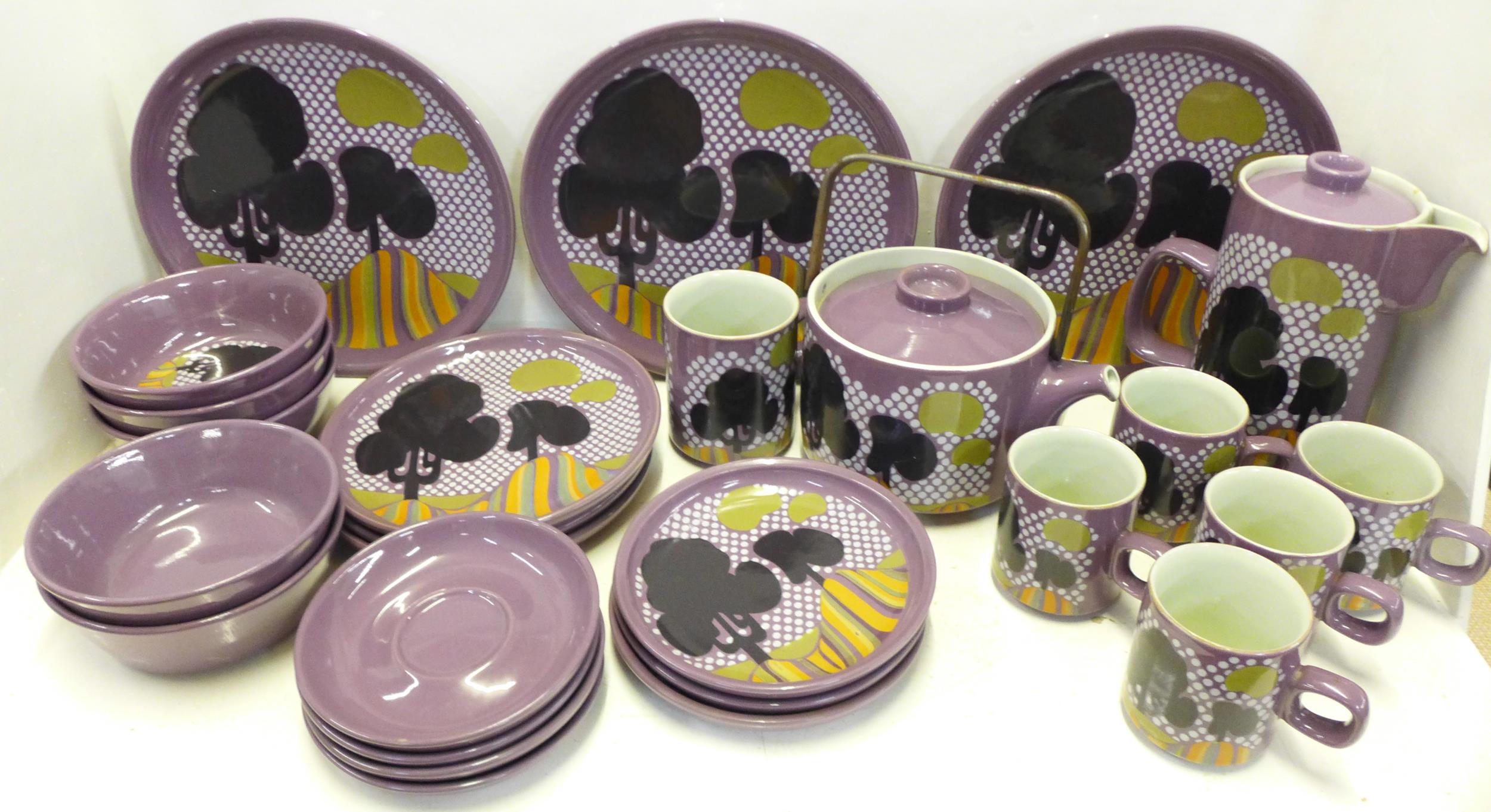 A collection of 1970s Denby Pottery Trees pattern breakfast ware designed by Diana Woodcock-