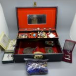 A jewellery box and vintage costume jewellery including silver