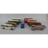 Nine die-cast model vehicles including a Dinky Toys Dunlop bus and four other Dinky Toys buses