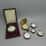 Five pocket and fob watches and a wire lug silver trench style watch