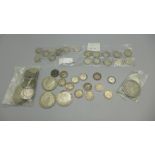 A collection of silver and half silver British coins, approximate weight 160g