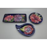 Two Moorcroft dishes and an ashtray