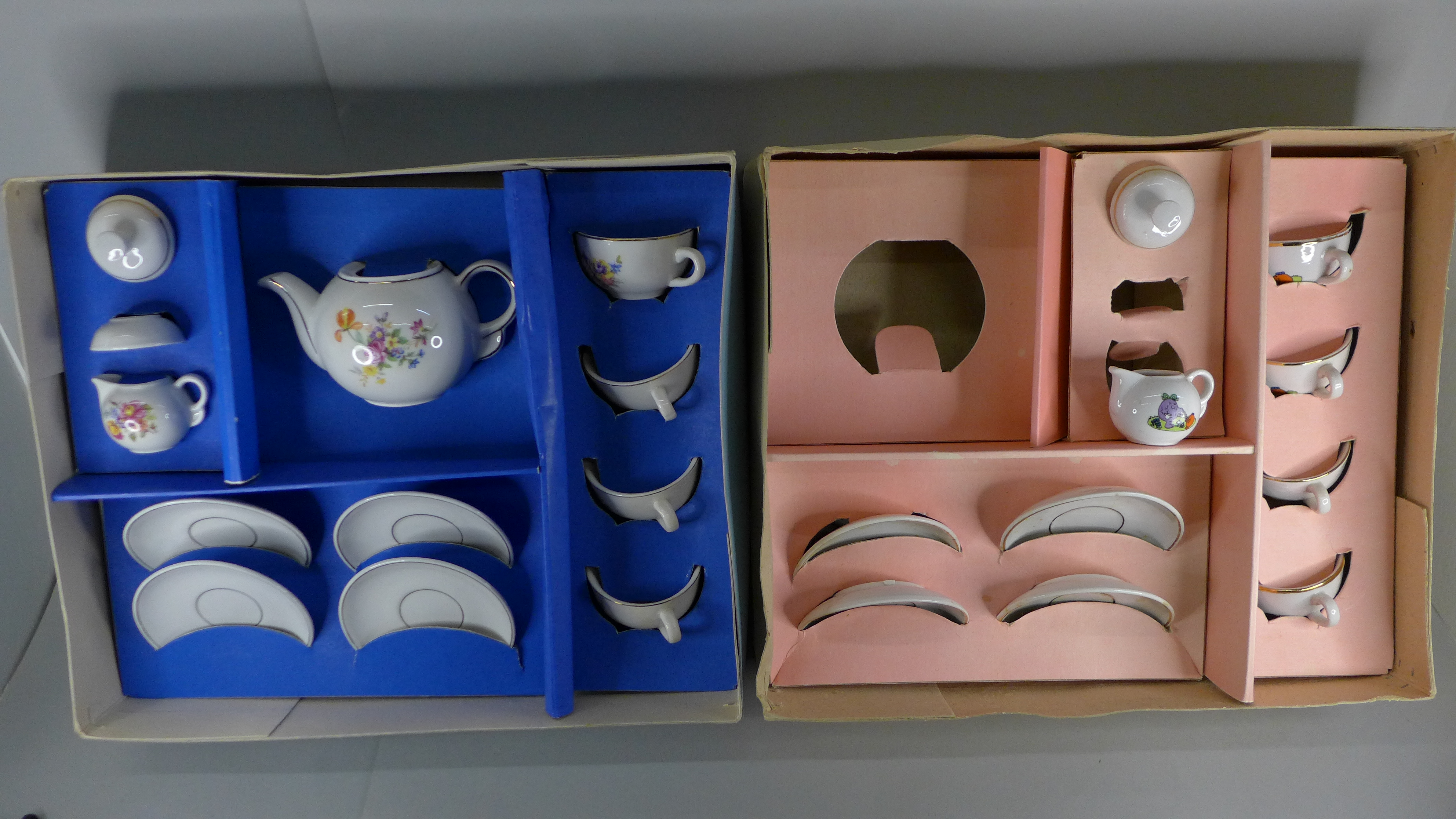 A doll's china tea set and part Little Miss tea set, both boxed