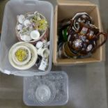 Two boxes of china and metalware including bowls, vases, a bargeware teapot, etc., and a