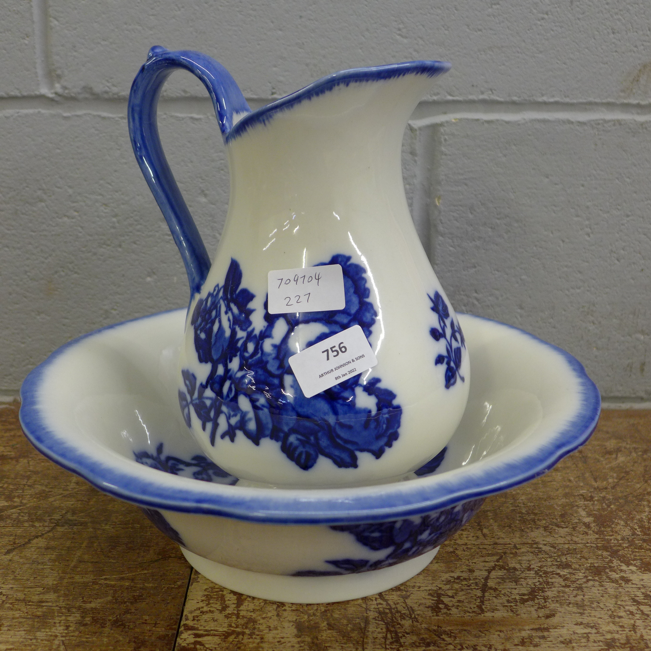 A Blakeney Ironstone blue and white wash jug and bowl