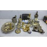 Metalwares; horse brasses, a pair of horses, candlestick, etc. **PLEASE NOTE THIS LOT IS NOT