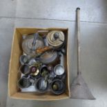 A box of metalwares including a copper kettle, pewter mugs, ponch, etc. **PLEASE NOTE THIS LOT IS