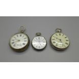 Two silver pocket watches and a silver fob watch