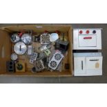 A box of tin-plate toy kitchen appliances, pots, pans, utensils, etc.