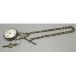 A silver Albert chain with silver fob watch and key