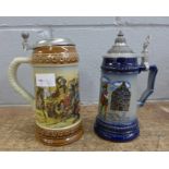 Two German beer steins, one lid a/f (detached)