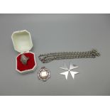 A silver and marcasite ring, chain, brooch and fob, 34g