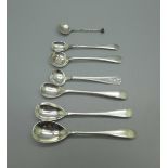 Seven silver salt spoons, 39g