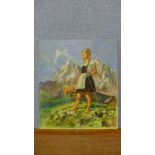 Continental School, Alpine landscape with girl and goat, oil on board, 35 x 30cms, unframed