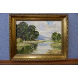 Ken Johnson, rural river, landscape, oil on board, 22 x 29cms, framed